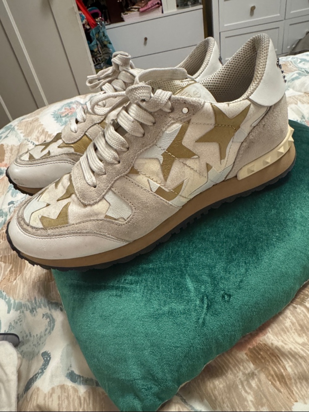 Valentino Garavani White and Gold Star Sneakers